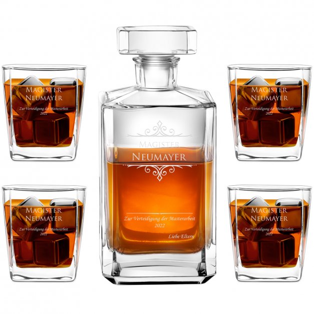 Bourbon Karaffe Set mit 4 Gläsern und Gravur für einen Studenten zum Bachelor Master