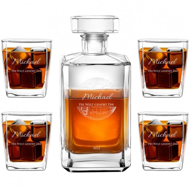 Bourbon Karaffe Set mit 4 Gläsern und Gravur für einen Globetrotter zum 18. Geburtstag