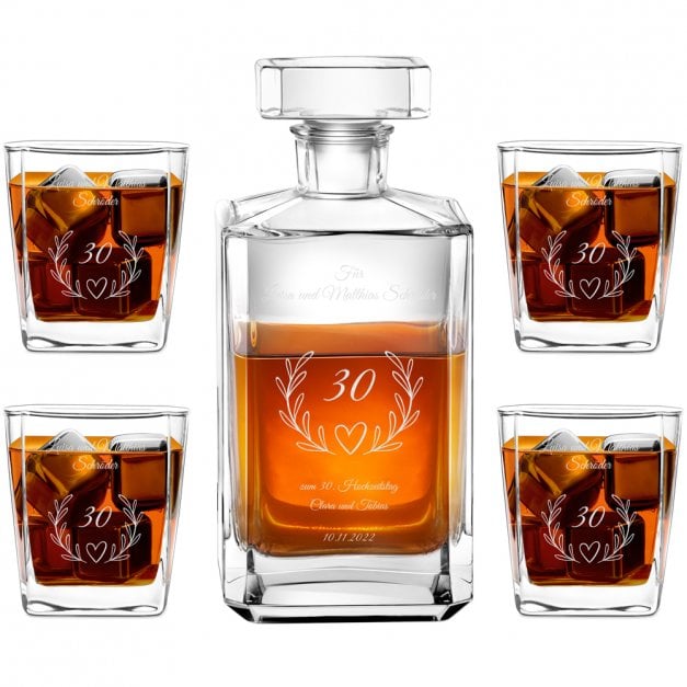 Bourbon Karaffe Set mit 4 Gläsern und Gravur für ein Ehepaar zum 30. Hochzeitstag