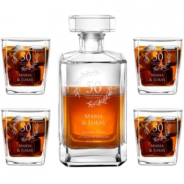 Bourbon Karaffe Set mit 4 Gläsern und Gravur für ein Ehepaar zum 50. Hochzeitstag