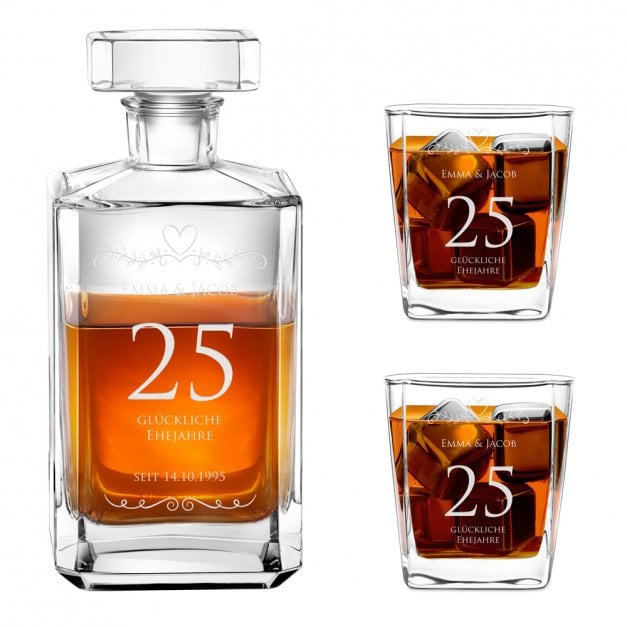 Bourbon Karaffe Set mit 2 Gläsern und Gravur für ein Ehepaar zum 20. Hochzeitstag