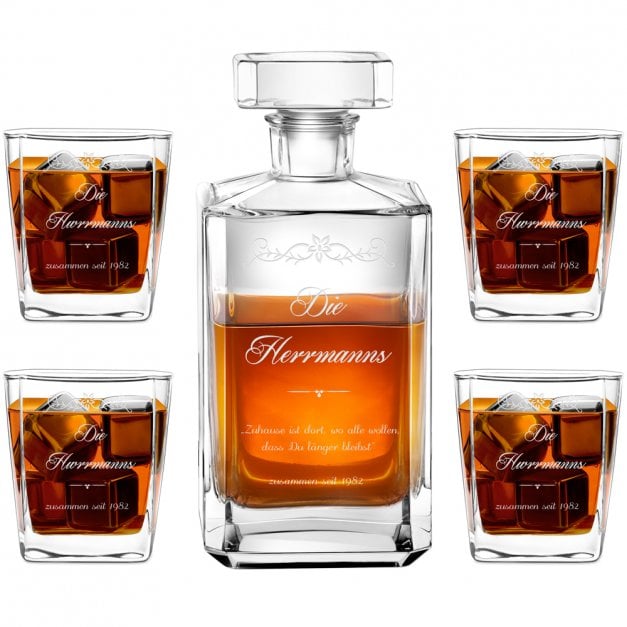 Bourbon Karaffe Set mit 4 Gläsern und Gravur für ein Paar zur Hochzeit zum Einzug