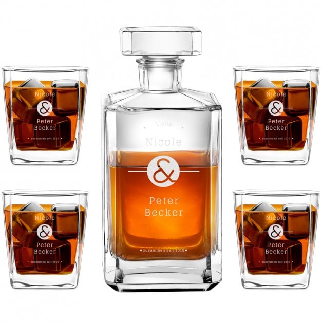 Bourbon Karaffe Set mit 4 Gläsern und Gravur für ein Ehepaar zum Hochzeitstag