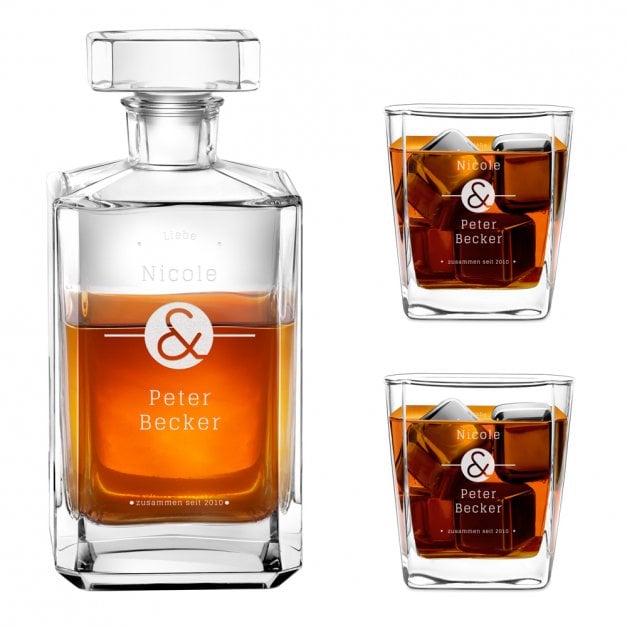 Bourbon Karaffe Set mit 2 Gläsern und Gravur für ein Ehepaar zum Hochzeitstag
