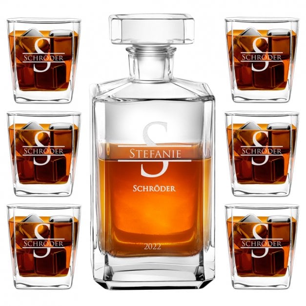 Bourbon Karaffe Set mit 6 Gläsern und Gravur mit Vornamen Nachnamen zum Geburtstag