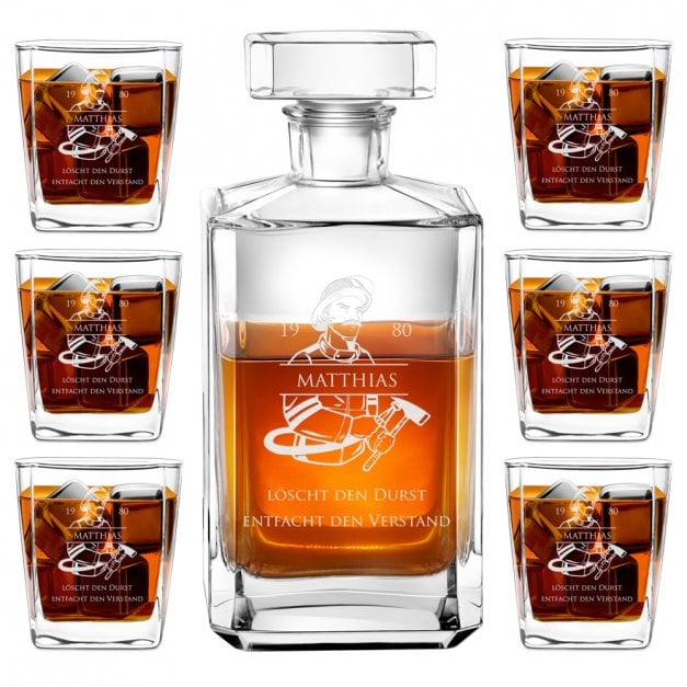 Bourbon Karaffe Set mit 6 Gläsern und Gravur für einen Feuerwehrmann zum Geburtstag