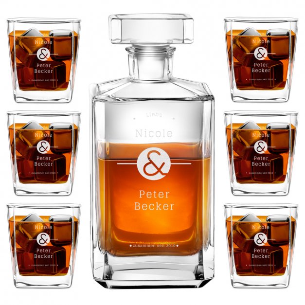 Bourbon Karaffe Set mit 6 Gläsern und Gravur für ein Ehepaar zum Hochzeitstag