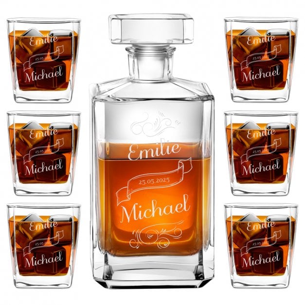 Bourbon Karaffe Set mit 6 Gläsern und Gravur für ein Paar zur Hochzeit zum Hochzeitstag