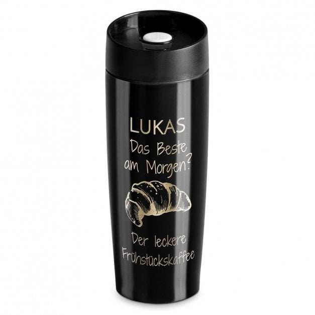 Luftdichter Thermobecher mit Gravur Schwarz für einen Kaffeetrinker zum Geburtstag