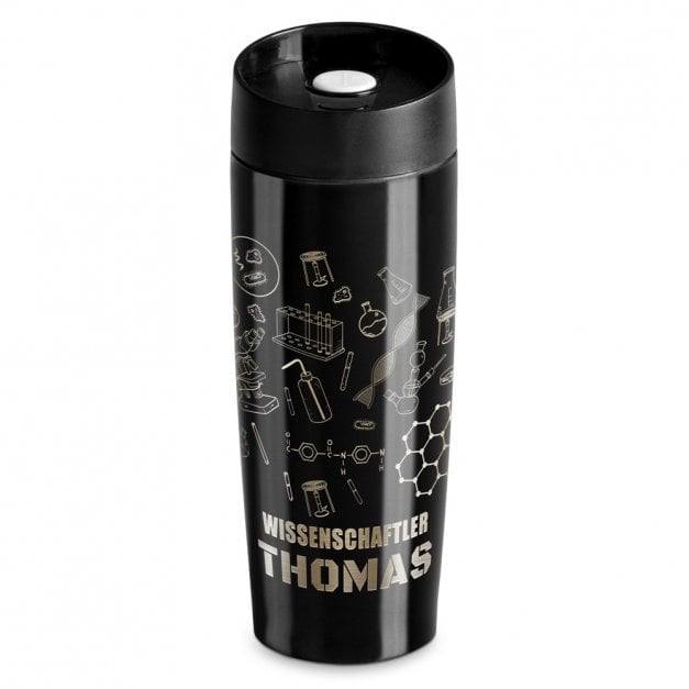 Luftdichter Thermobecher mit Gravur Schwarz für einen Ingenieur Chemiker zum Geburtstag
