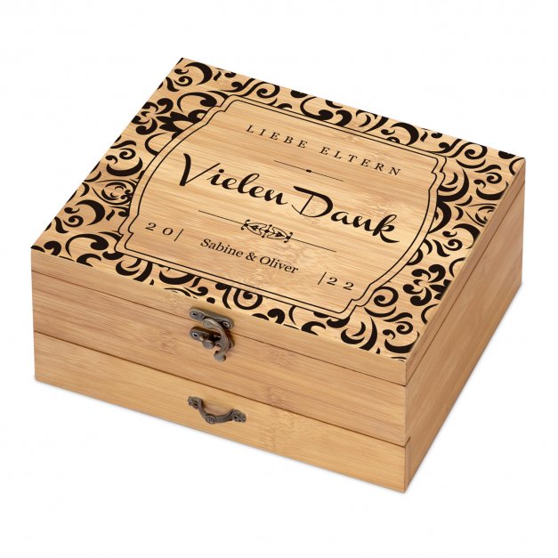8er Weinzubehör-Set mit Schublade und Aufdruck für Ihre Eltern als Dankeschön