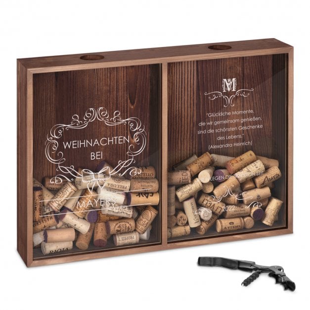 Kron- und Weinkorkensammler aus Holz mit Gravur für ein Paar zu Weihnachten