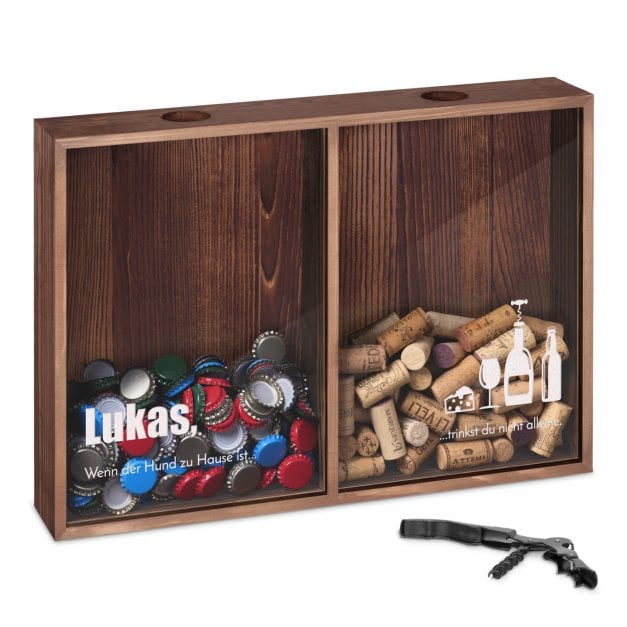 Kron- und Weinkorkensammler aus Holz mit Gravur für einen Hundeliebhaber