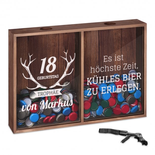 Kron- und Weinkorkensammler aus Holz mit Gravur für einen Bierliebhaber-Jäger zum 18. Geburtstag