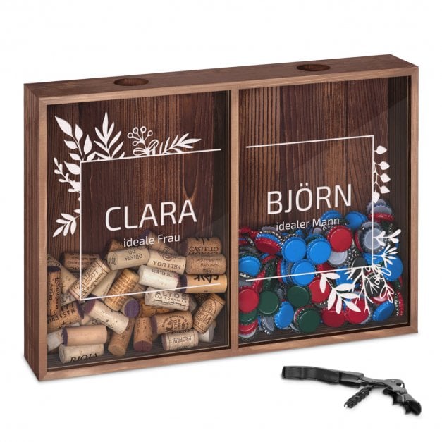 Kron- und Weinkorkensammler aus Holz mit Gravur für ein Paar zur Hochzeit, zum Jubiläum, zur Einweihungsparty