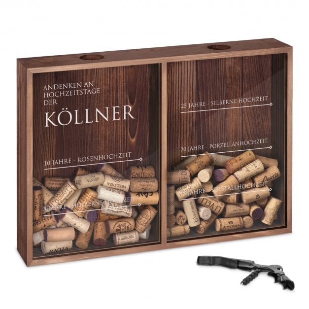 Kron- und Weinkorkensammler aus Holz mit Gravur für ein Paar zum Jubiläum