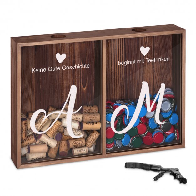 Kron- und Weinkorkensammler aus Holz mit Gravur für ein Paar zur Hochzeit, zum Jubiläum, zur Einweihungsparty