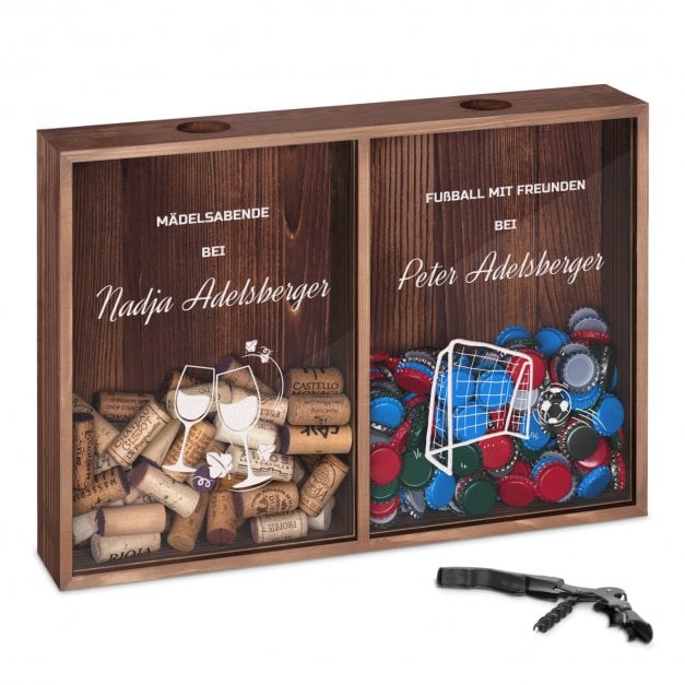 Kron- und Weinkorkensammler aus Holz mit Gravur für ein Paar, einen Fußballfan, einen Winzer, zur Hochzeit, zum Jubiläum, zur Ei