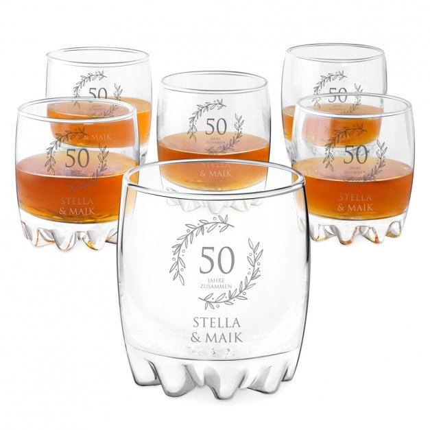 Sylvana 6er Whisky Gläser Set mit Gravur für ein Paar zum 50. Hochzeitstag