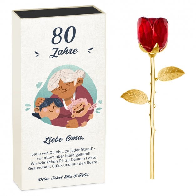 Ewige Rose aus Glas und Metall in Gechenkschatulle mit Aufdruck für Ihre Großmutter zum 80. Geburtstag