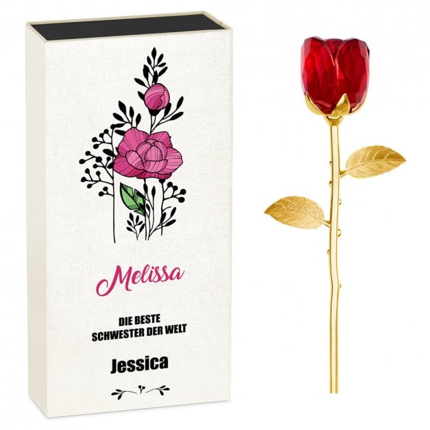 Ewige Rose aus Glas und Metall in Gechenkschatulle mit Aufdruck für Ihre Schwester Trauzeugin als Dankeschön