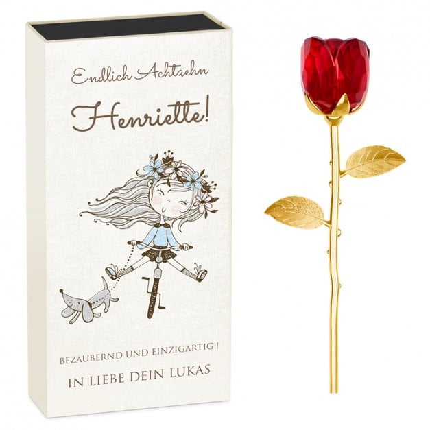 Ewige Rose aus Glas und Metall in Gechenkschatulle mit Aufdruck für sie zum 18. Geburtstag