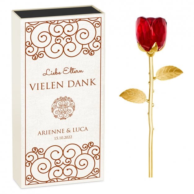 Ewige Rose aus Glas und Metall in Gechenkschatulle mit Aufdruck für Ihre Eltern als Dankeschön
