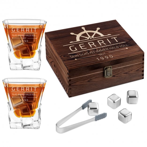 Whisky Steine Set in Holzbox mit 2 Gläsern und Gravur für einen Segler zum Geburtstag