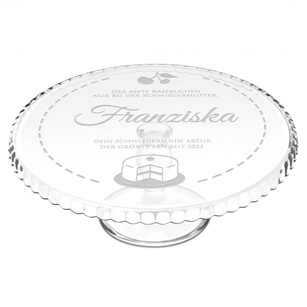 Kuchenplatte aus Glas mit Gravur für eine Schwiegermutter