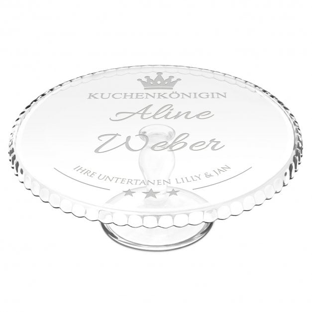 Kuchenplatte aus Glas mit Gravur für eine Konditorin