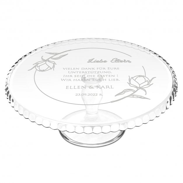 Kuchenplatte aus Glas mit Gravur für Eltern als Dankesgeschenk für die Hochzeit