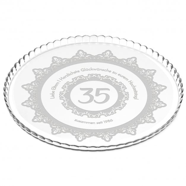 Glas Servierplatte mit Gravur für Torten und Kuchen für Eltern zum 40. Hochzeitstag
