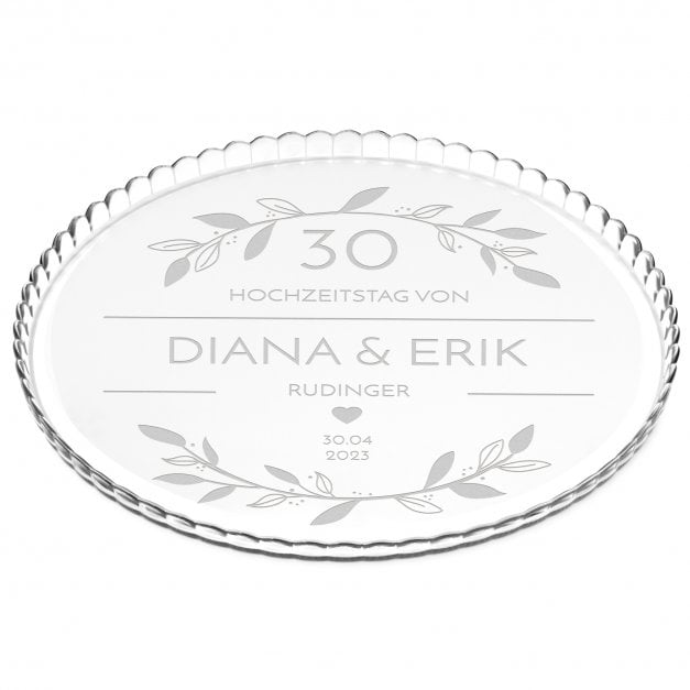 Glas Servierplatte mit Gravur für Torten und Kuchen für ein Ehepaar zum 25. Hochzeitstag