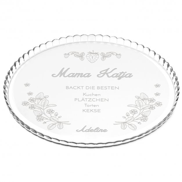 Glas Servierplatte mit Gravur für Torten und Kuchen für eine Mutti Konditorin