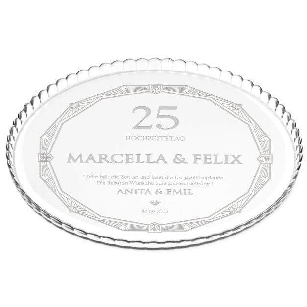 Glas Servierplatte mit Gravur für Torten und Kuchen für ein Ehepaar zum 25. Hochzeitstag