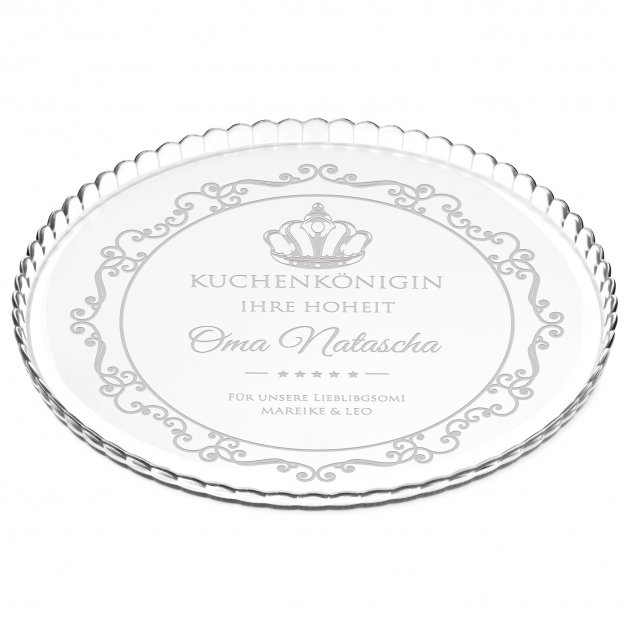 Glas Servierplatte mit Gravur für Torten und Kuchen für Königin des Backwerks