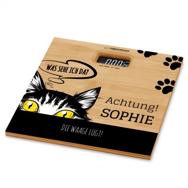 Digitale Personenwaage aus Bambus mit Aufdruck für eine Katzenliebhaberin zum Geburtstag