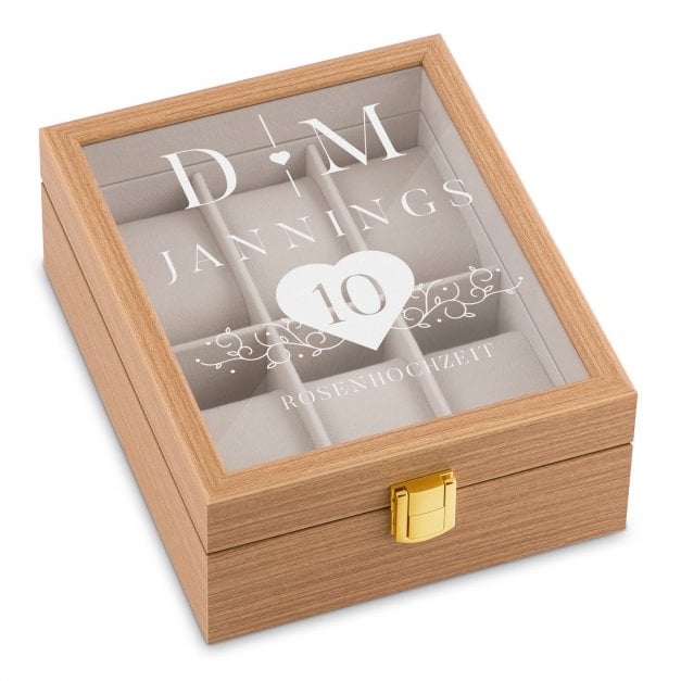Hellbraune Uhrenbox mit Gravur für ein Paar zur Rosenhochzeit zum 15. Hochzeitstag 