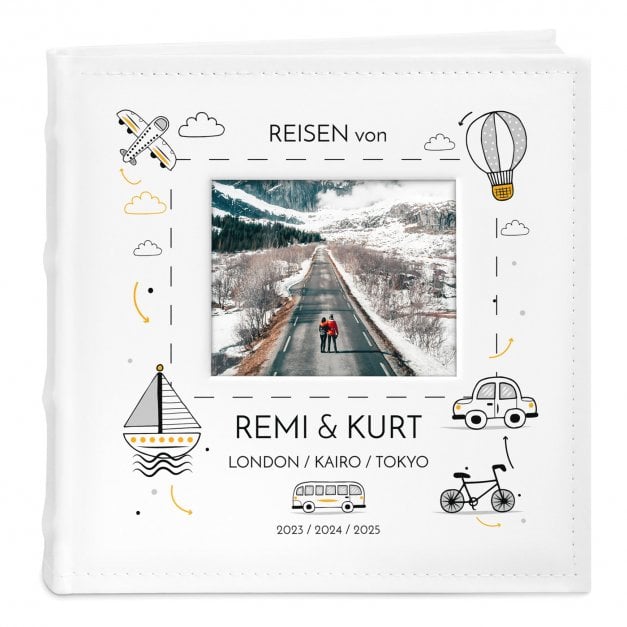Einsteck Fotoalbum mit Sichtfenster und Aufdruck für ein Reisepaar
