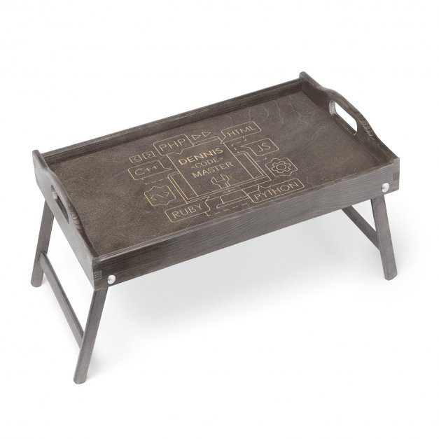 Klappbarer Tablettisch aus Kiefernholz mit Gravur Grau für einen Informatiker zum Ehrentag