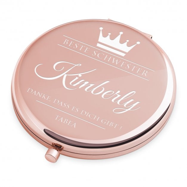 Runder Taschenspiegel mit Gravur Rosegold für Ihre Schwester zum Geburtstag