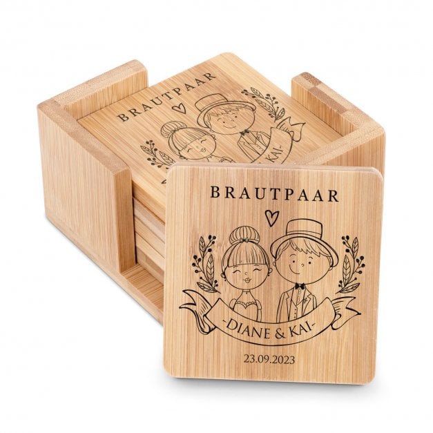 6er Holzuntersetzer-Set mit Aufdruck für ein Brautpaar zur Hochzeit