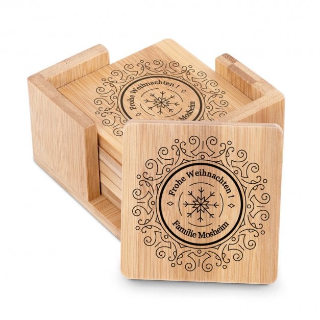 6er Holzuntersetzer-Set mit Aufdruck zu Weihnachten