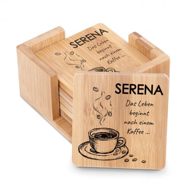6er Holzuntersetzer-Set mit Aufdruck für eine Kaffeetrinkerin zum Geburtstag 