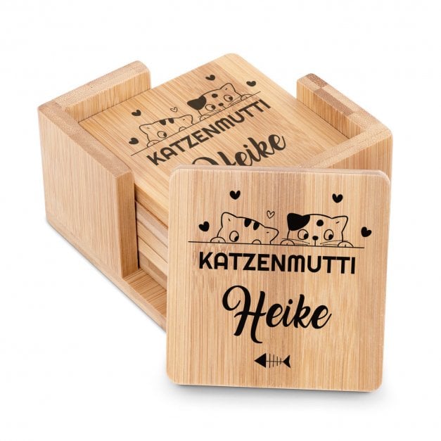 6er Holzuntersetzer-Set mit Aufdruck für eine Katzenlady zum Geburtstag
