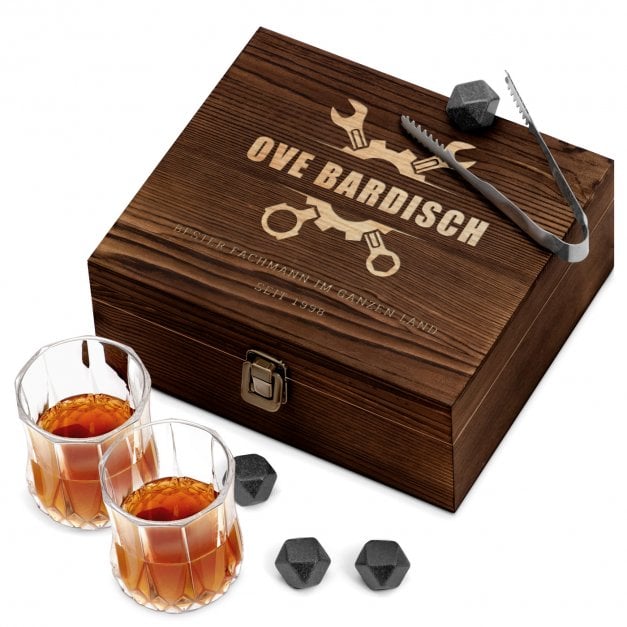 Whisky Steine Set mit 2 Gläsern in Holzbox mit Gravur für einen Heimwerker zum Geburtstag
