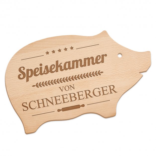 Schneidebrett Schweinchen mit Gravur für ein Paar zur Eheschließung zum Hochzeitstag Einzug Sterne