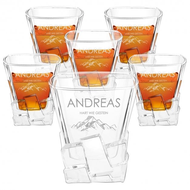 Ice Blink 6er Whisky Gläser Set mit Gravur für einen Globetrotter, Bergsteiger zum Jubiläum