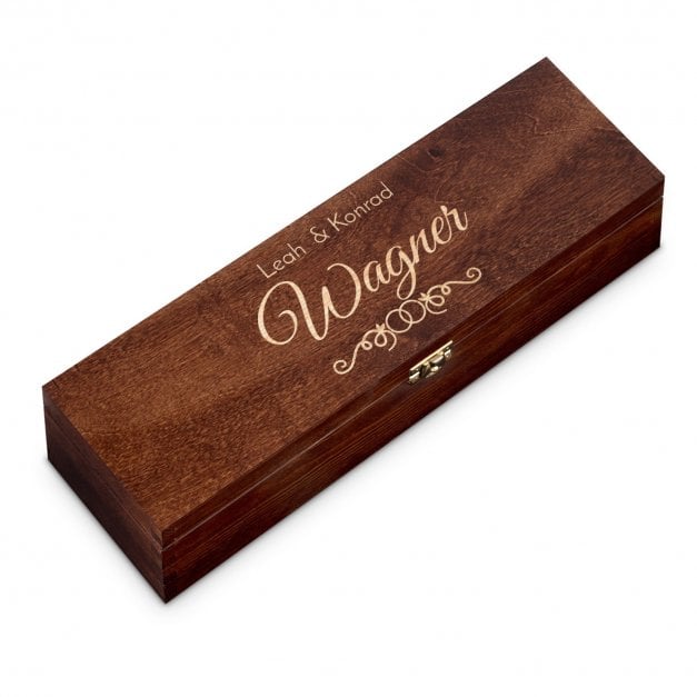 Geschenkbox für Wein aus Kiefernholz mit Gravur Dunkelbraun für ein Paar zur Hochzeit zum Hochzeitstag Einzug