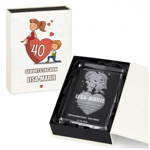 Glas-Statuette Herz-Pärchen mit 3D-Gravur zum 40. Geburtstag